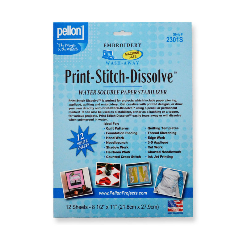 Pellon® 2301S Print-Stitch-Dissolve™ – 12 Sheets, 8.5" x 11" – White - Choice FabricsDS2301SPKG