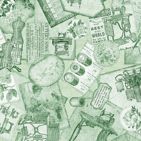 Light Green Sewing Ephemera Sew Shabby Chic Cotton 44"/45" Fabric Per Yard - Choice Fabrics2600-31574-H