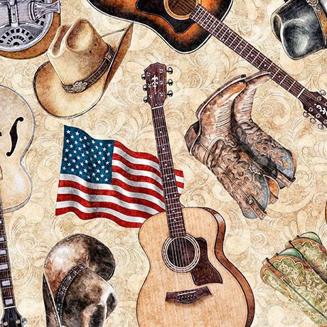 American Country Guitars Tan 44"/45" Cotton Fabric Per Yard - Choice Fabrics2600-31993-A-15O