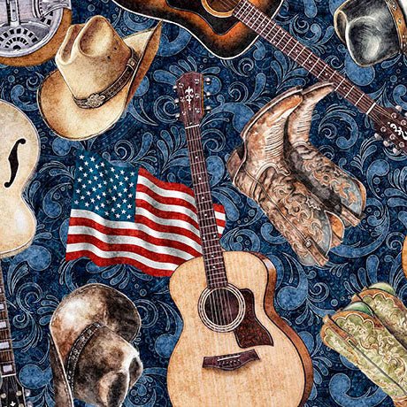 American Country Guitars Navy 44"/45" Cotton Fabric Per Yard - Choice Fabrics2600-31993-N-15O