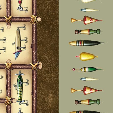 The Lure Of Fishing Fishing Border Stripe Sage Brown 44"/45" Cotton Fabric Per Yard - Choice Fabrics2600-32123-HA-15O