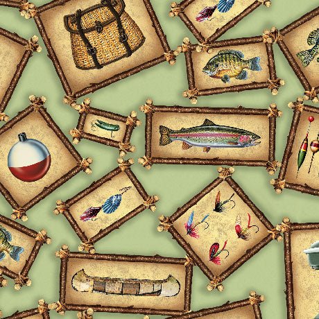 The Lure Of Fishing Fishing Patches Light Green 44"/45" Cotton Fabric Per Yard - Choice Fabrics2600-32125-H-15O