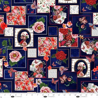 Cameo Appearance Floral and Cameo Patch Navy Cotton 44"/45" Fabric Per Yard - Choice FabricsCAMEO-B-4657-77