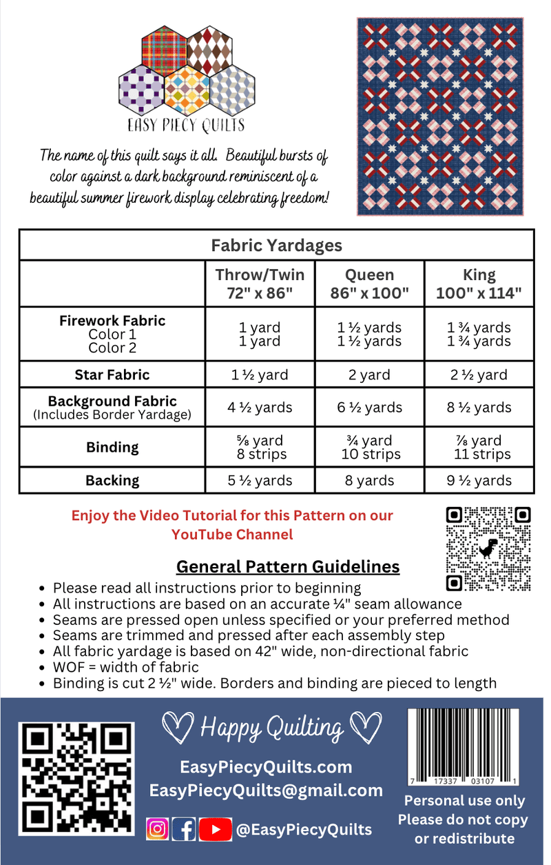4th of July Night Sky Quilt Pattern - Paper Print Mailed Version - Choice Fabrics717337031071