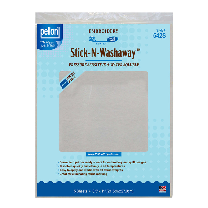 Pellon® 542S Stick-N-Washaway™ Embroidery Stabilizer – 5 Sheets, 8.5" x 11" – White - Choice FabricsDS542SPKG
