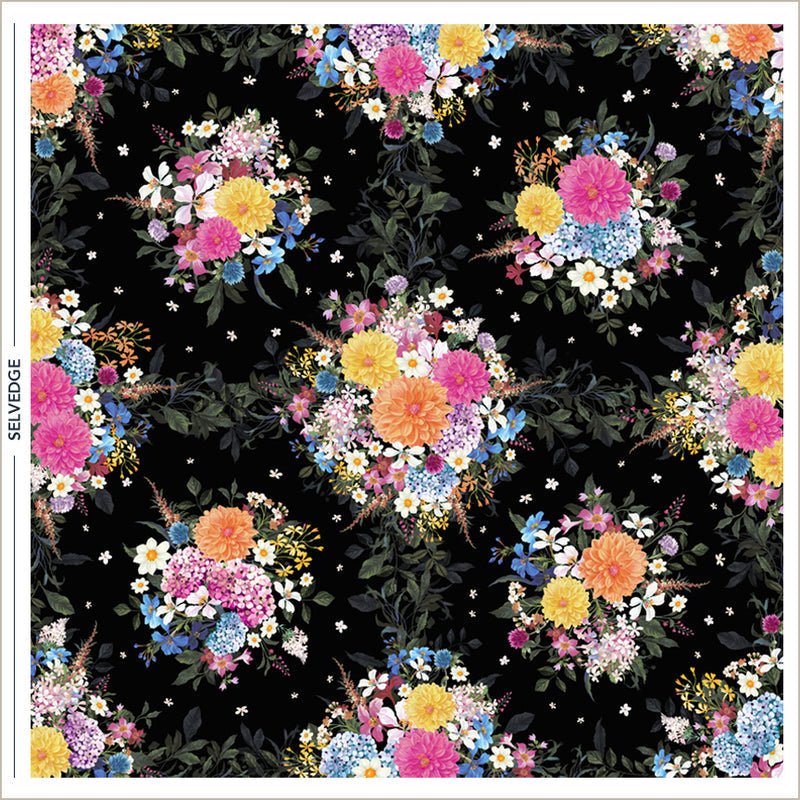 Black Whimsical Garden Midnight Blooms Cotton 44"/45" Fabric Per Yard - Choice Fabrics55070DP-1