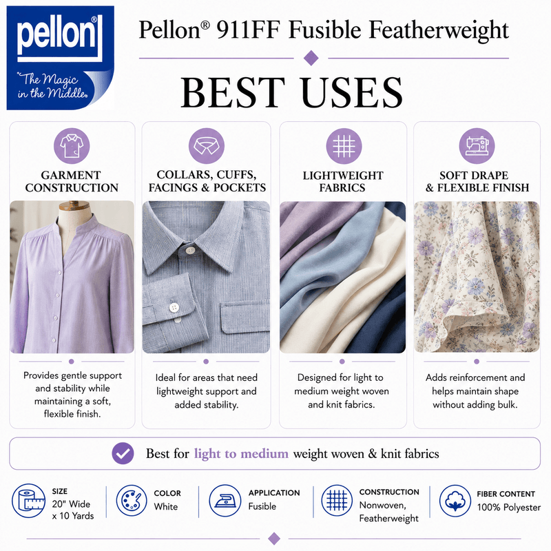 Pellon® 911FF Fusible Featherweight Interfacing – 20" x 10 yard Bolt (White) - Choice FabricsDS911FF-2010BOLT