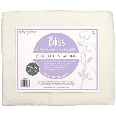 Bliss 100% Cotton Quilt Batting, Twin Size 72" × 96" - Choice FabricsBC400TW