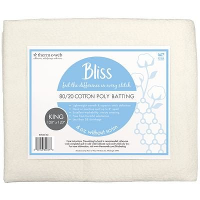 Bliss 80/20 Cotton-Poly Quilt Batting, King Size 120" × 120" - Choice FabricsBCP402KG