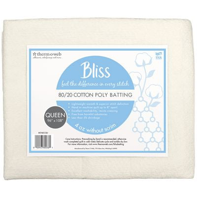 Bliss 80/20 Cotton-Poly Quilt Batting, Queen Size 108" × 96"
