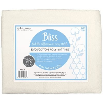 Bliss 80/20 Cotton-Poly Quilt Batting, Throw Plus Size 60" × 72" - Choice FabricsBCP402THP