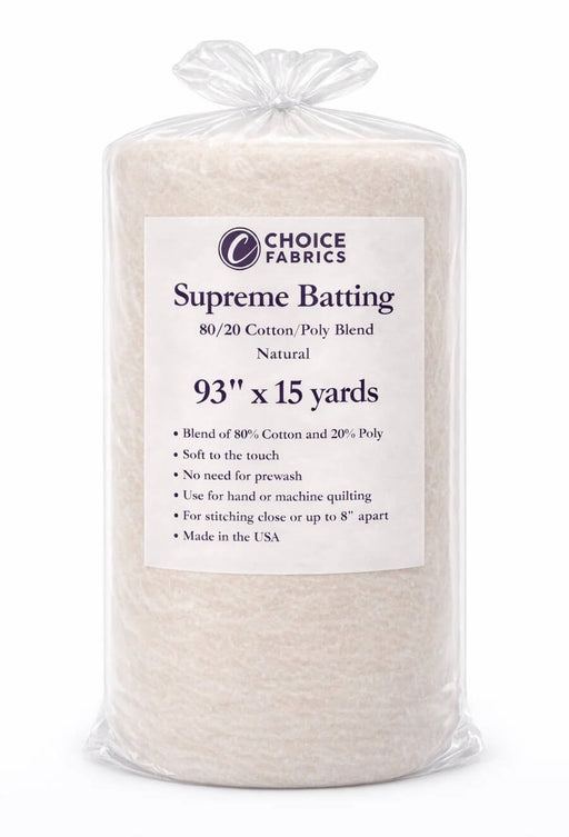 Choice Supreme Batting - 80/20 Cotton/Poly Blend - 15 Yard Roll (93" x 15yds) - Choice FabricsBX-60365-007