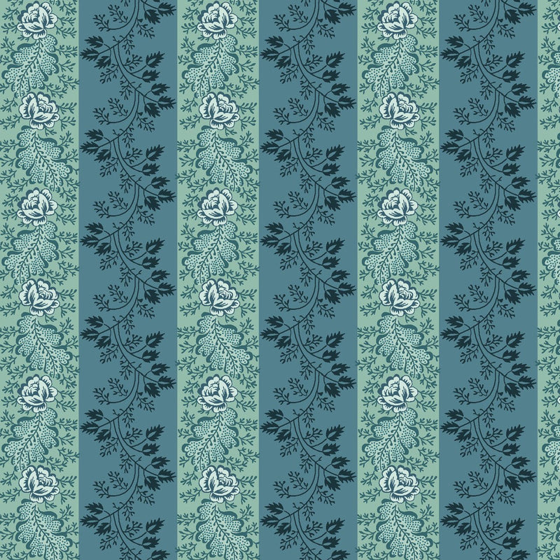 Blue Floral Awning Stripe Lost Gardens of Heligan Cotton 43"/44" Fabric Per Yard - Choice FabricsHEG-3594-77