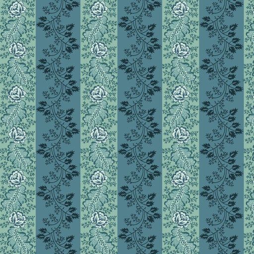 Blue Floral Awning Stripe Lost Gardens of Heligan Cotton 43"/44" Fabric Per Yard - Choice FabricsHEG-3594-77