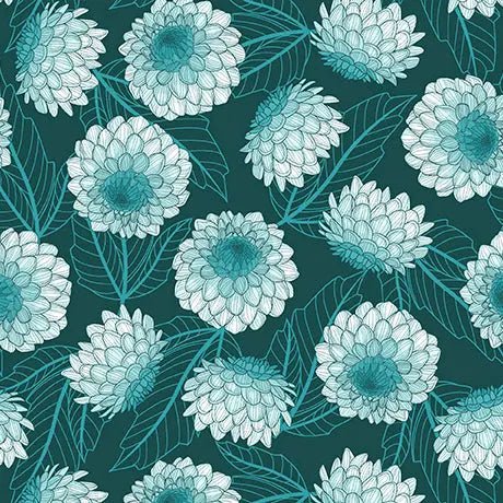 Dark Teal Dahlias at Dusk Dahlias Cotton 44"/45" Fabric Per Yard - Choice Fabrics2600-31400-Q