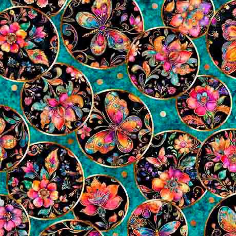 Fluttering Gardens Butterfly Medallion Turquoise Cotton 44"/45" Fabric Per Yard - Choice Fabrics2600-31730-Q