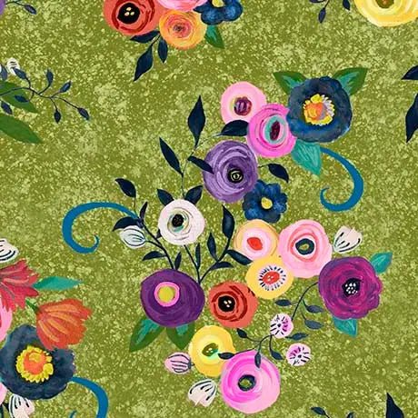 Green Olive Watercolor Floral Toss Cotton 44"/45" Fabric Per Yard - Choice Fabrics2600-31243-H
