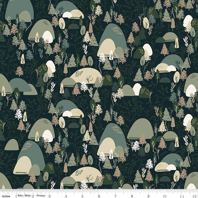 Let's Wander Mountain Music Navy Cotton 43"/44" Fabric Per Yard - Choice FabricsC16883­-NAVY