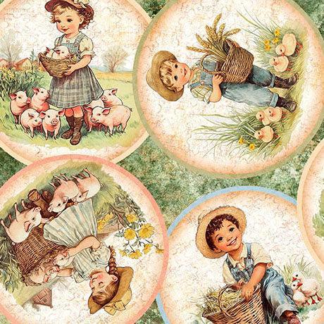 Lt Green Lil Farmers Circle Vignettes Cotton 44"/45" Fabric Per Yard - Choice Fabrics2600-31905-H