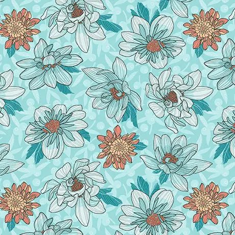 Aqua Dahlias at Dusk Floral Toss Cotton 44"/45" Fabric Per Yard - Choice Fabrics2600-31399-Q