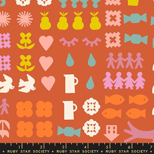 Paper Cuts 2 Persimmon Orange Icons Ephemera Cotton 43"/44" Fabric Per Yard - Choice FabricsRS1107-14