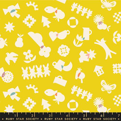 Paper Cuts 2 Starfruit Yellow Icons Ephemera Cotton 43"/44" Fabric Per Yard - Choice FabricsRS1108-12