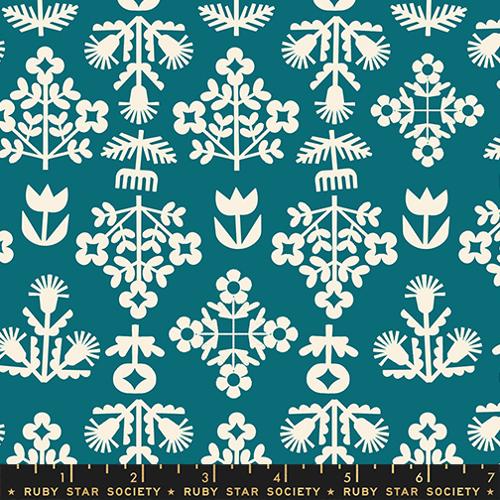 Paper Cuts 2 Storytime Turquoise Fresh Cut Flowers Florals Folk Cotton 43"/44" Fabric Per Yard - Choice FabricsRS1112-16