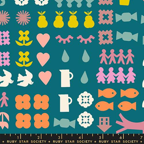 Paper Cuts 2 Storytime Turquoise Icons Ephemera Cotton 43"/44" Fabric Per Yard - Choice FabricsRS1107-15