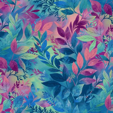Peacock Multi Ombre Leaves Blissful Blooms Cotton 43"/44" Fabric Per Yard - Choice FabricsHEG-3569-76