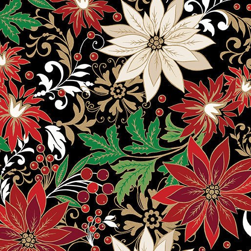 Poinsettia Jacobean Black Cotton 44"/45" Fabric Per Yard - Choice Fabrics15150M-12