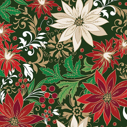 Poinsettia Jacobean Forest Green Cotton 44"/45" Fabric Per Yard - Choice Fabrics15150M-45