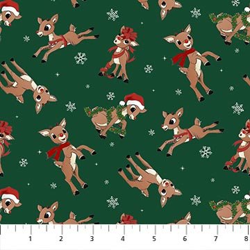 Rudolph The Red-Nosed Reindeer Rudolph Toss Dark Green 44"/45" Cotton Fabric Per Yard - Choice FabricsRD1001-78