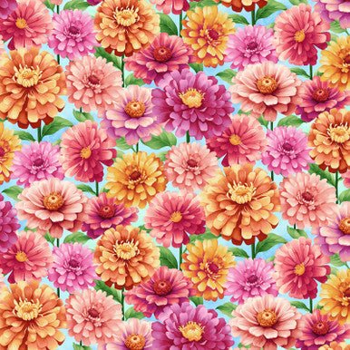 Sky Multi Zinnias Blissful Blooms Cotton 43"/44" Fabric Per Yard - Choice FabricsHEG-3566-11