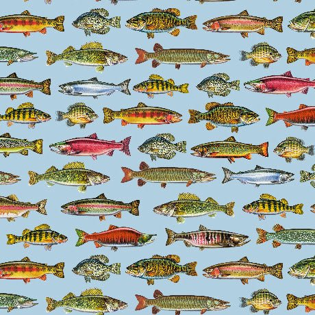 The Lure Of Fishing Fish Set Blue 44"/45" Cotton Fabric Per Yard - Choice Fabrics2600-32126-B-15O