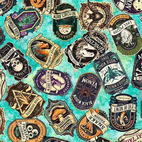Turquoise Potion Labels Witchypoo Cotton 44"/45" Fabric Per Yard - Choice Fabrics2600-31936-Q