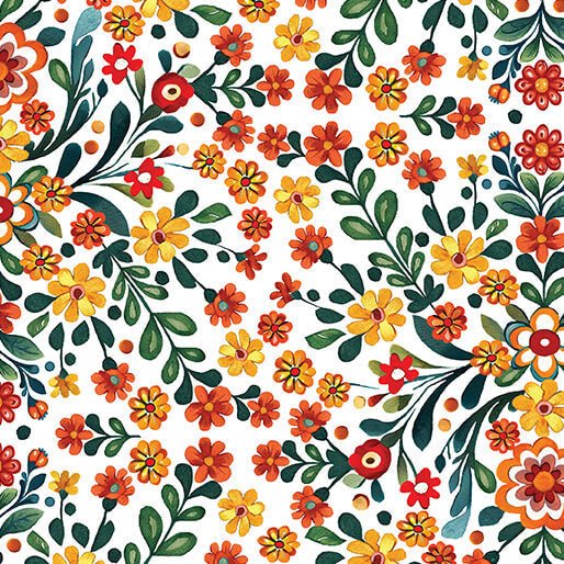 White Folklore Garden Cotton 44"/45" Fabric Per Yard - Choice Fabrics15035-09