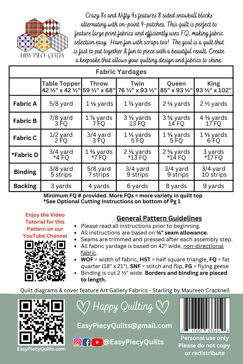 Crazy 8s & Nifty 9s Pattern, Paper Version - Choice Fabrics717337033150