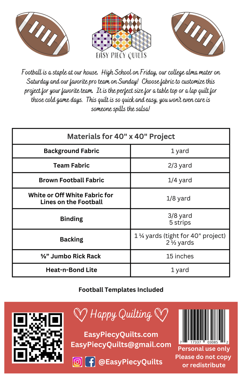 Football Table Topper or Lap Quilt Pattern - Paper Print Version - Choice Fabricssku-42703921021081
