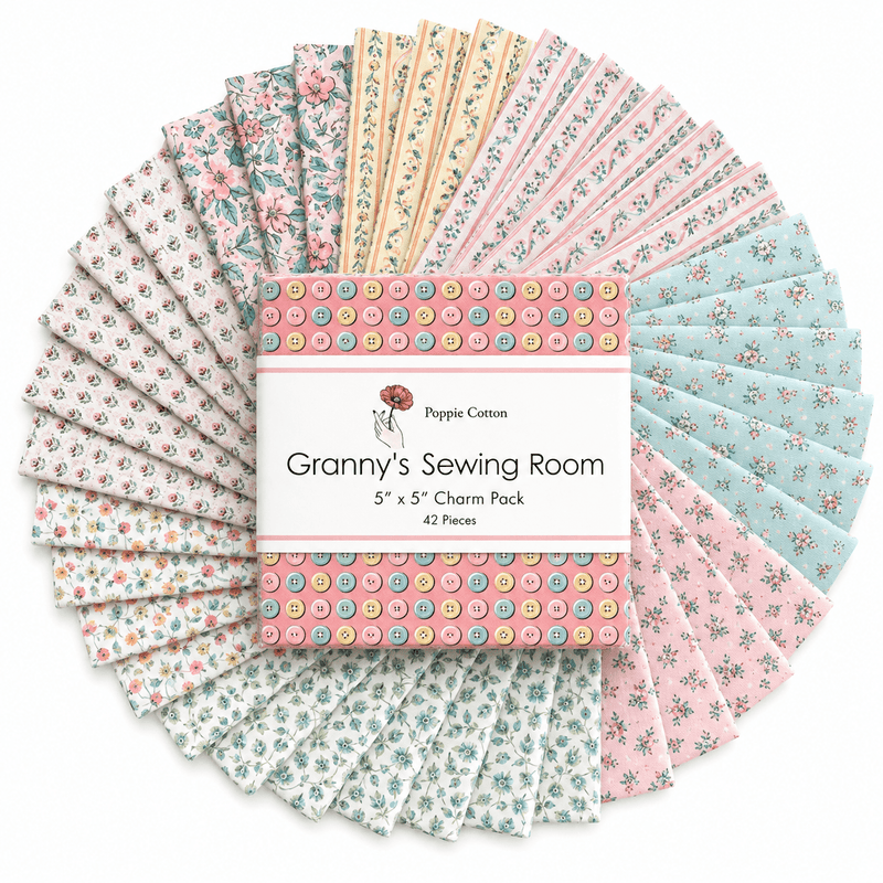 Granny's Sewing Room by Poppie Cotton - 5"x5" Charm Pack (42 Squares) - Choice FabricsGRANNYS-5X5