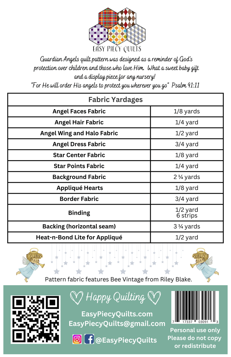 Guardian Angels Quilt Pattern, Paper Print Version Mailed - Choice Fabrics118118