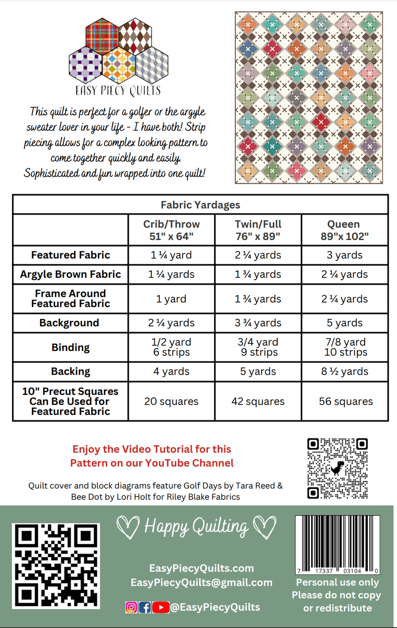 Match Play Argyle Golf Quilt Pattern - Paper Print Version - Choice Fabricssku-45108209418393