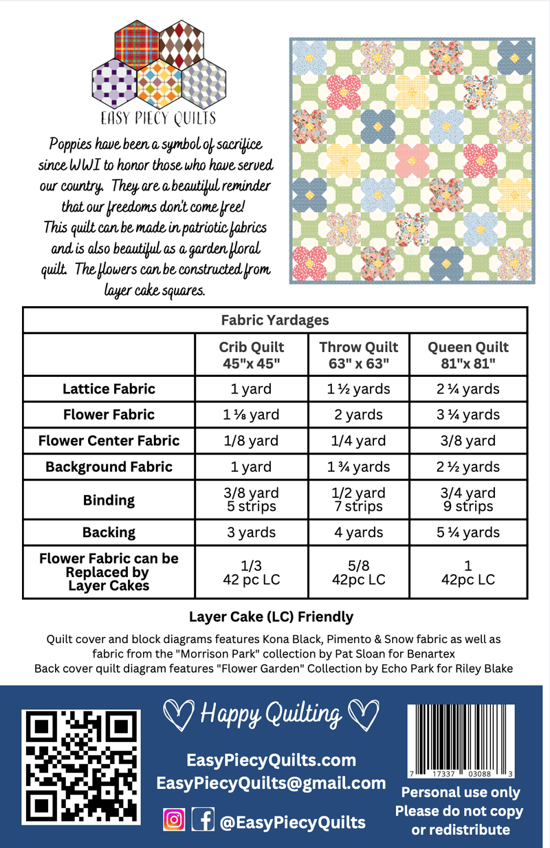 Poppy Quilt Pattern - Paper Print Version, Mailed - Choice Fabricssku-43063284039833