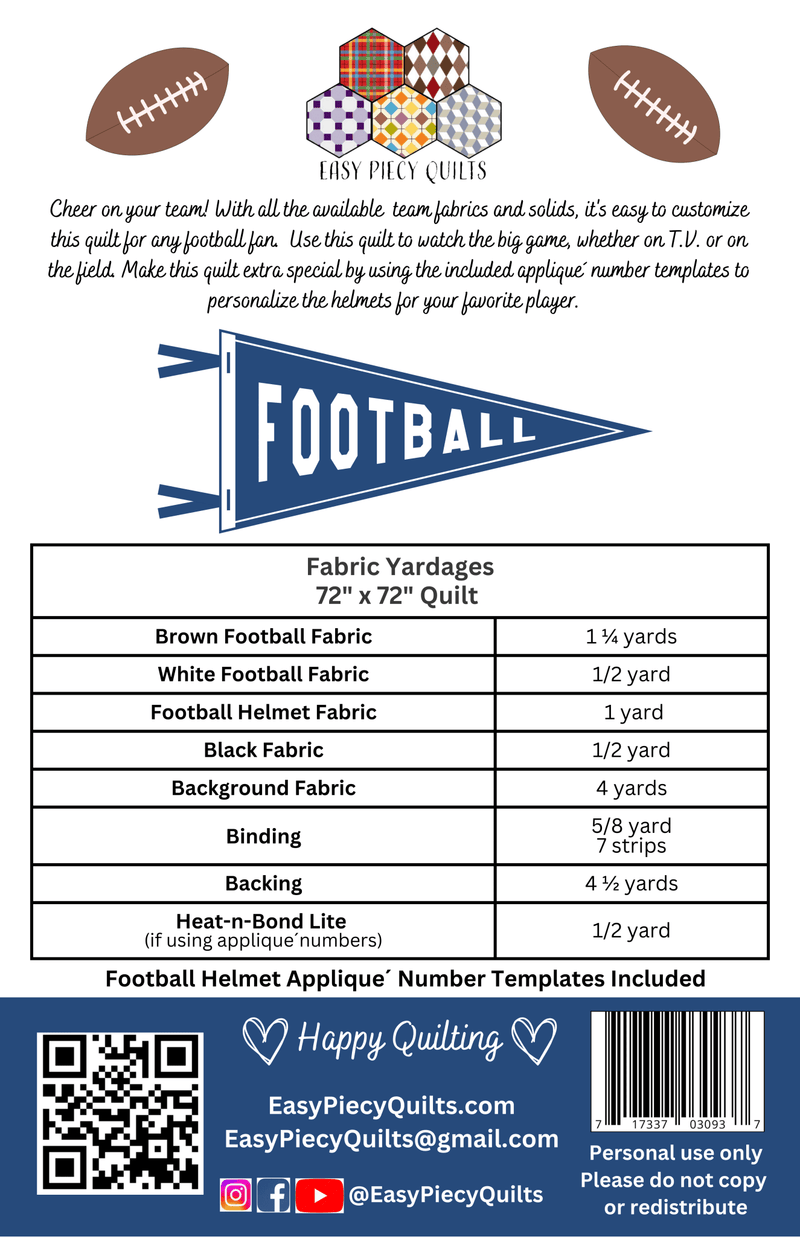 Team Football Quilt Pattern - Paper Print Version - Choice Fabrics717337030937